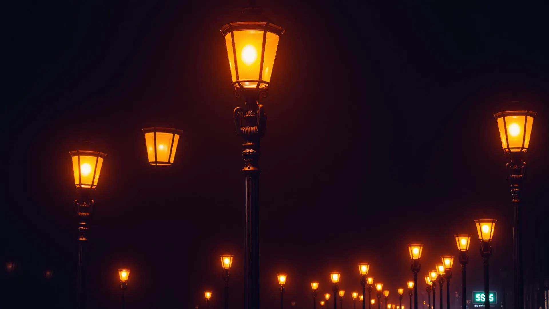Decorative lit street poles at night