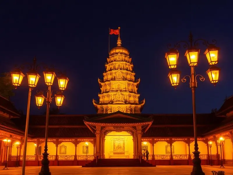 Heritage temple illuminated with cast iron poles